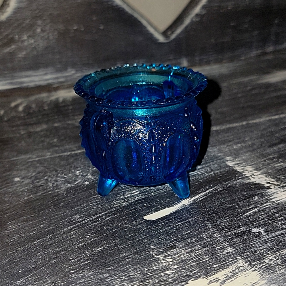 Clear Blue Glass Mini 3 Footed Bowl Trinket Dish with Bubble Rim